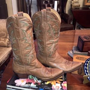 Old Gringo Tan Heeled Boots with Green Stitching